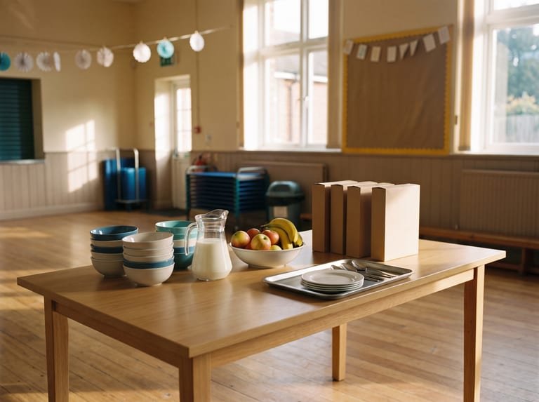 A breakfast table set out in a school hall, with bowls, fruit and a jug of milk