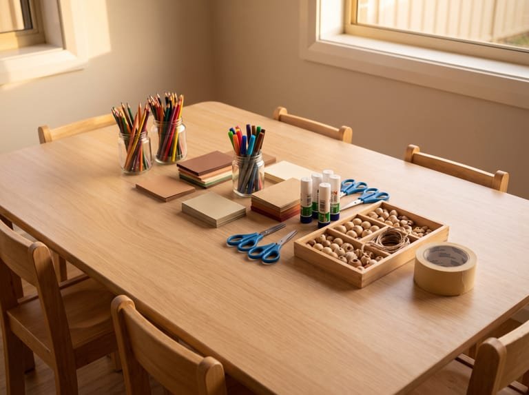 Coloured pencils, paper, scissors and glue laid out on a craft table