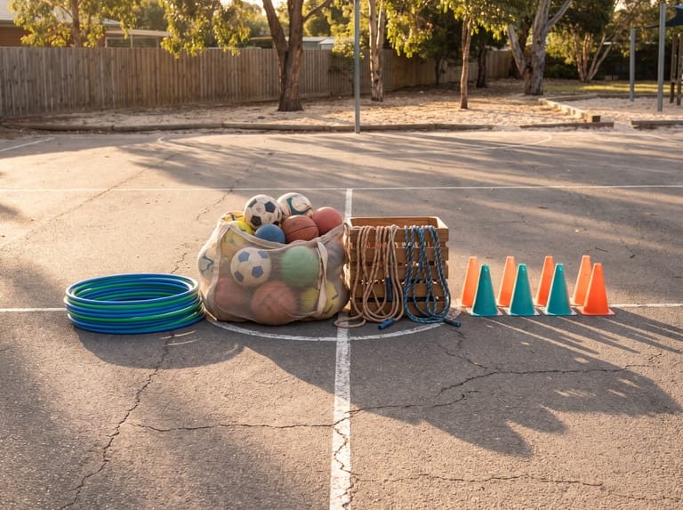 A bag of balls, hoops, skipping ropes and cones on a school court