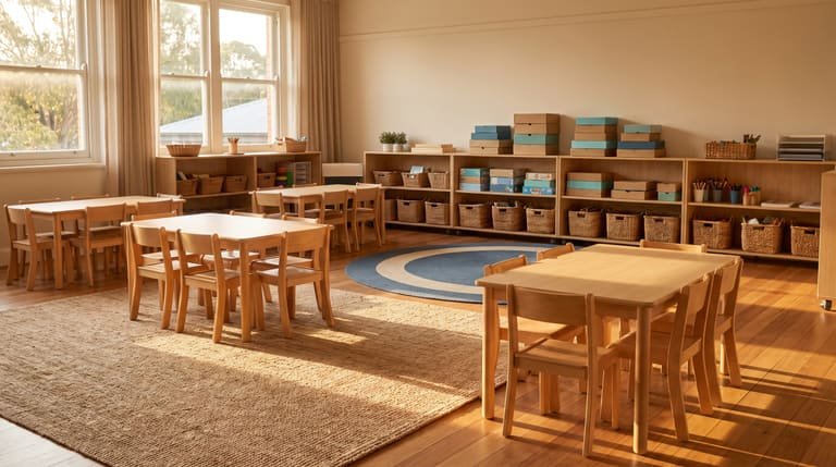 An indoor activity room with low tables and chairs, set up before a session